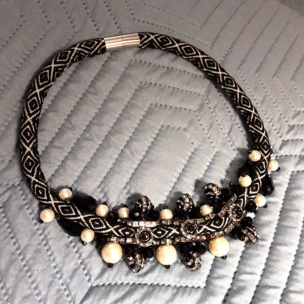 T&J DESIGNS Statement Necklace Cloth Beads Pearls White Stones Choker 15